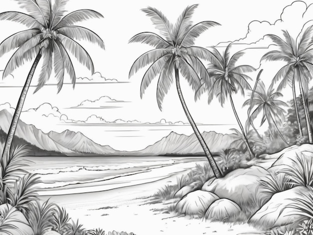 playa de arena palmeras cocos montañas negro y blanco