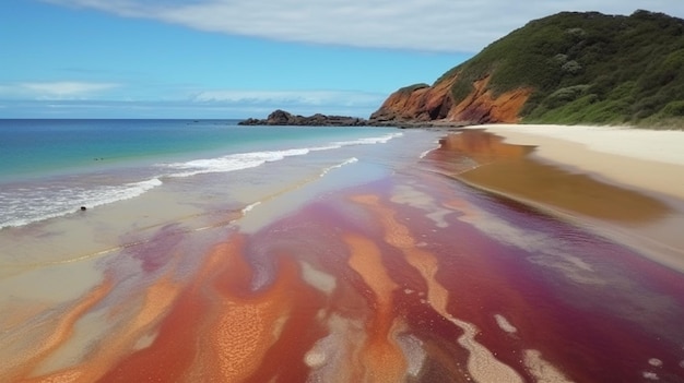 Una playa con arena roja y las palabras "arena roja" en ella