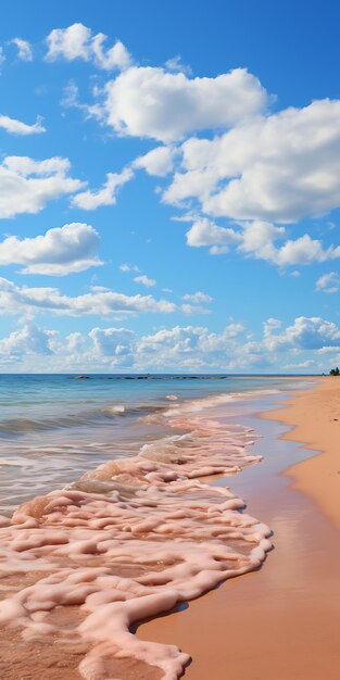 Foto una playa con arena rosa y cielo azul con nubes en el fondo