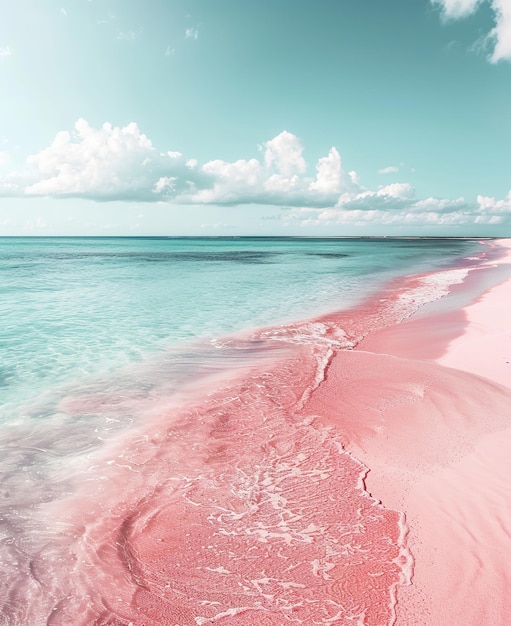 una playa con arena rosada y un cielo azul con nubes