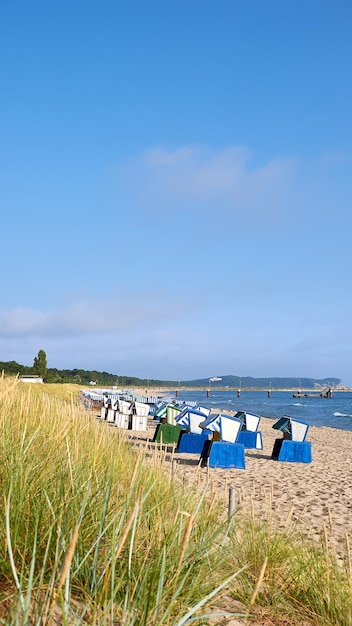 Foto playa de arena y sillas de playa tradicionales de madera en rugen, en el norte de alemania, una isla en la costa del mar báltico imagen panorámica de banner vertical