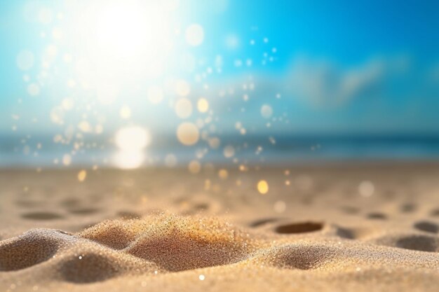 Una playa con arena y el sol brillando sobre ella.