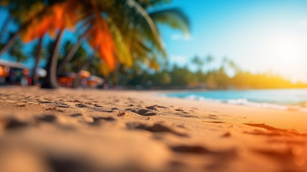 Playa de arena tropical de verano y luz del sol bokeh en el fondo del mar IA generativa
