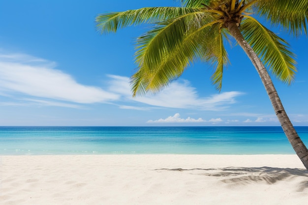 Playa de arena de verano con hojas de palma de coco en primer plano