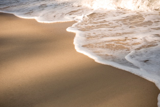 Playa de arena de verano con la luz del sol y la burbuja del océano de la onda. copia espacio