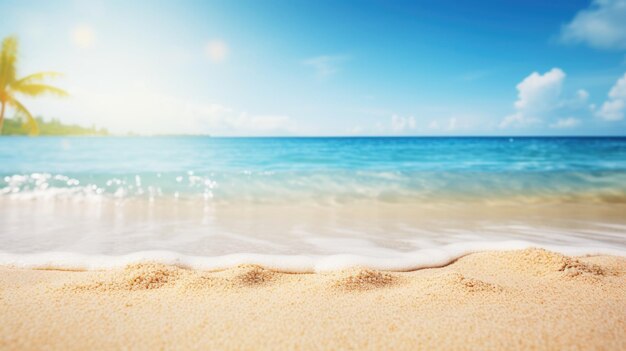 Playa de arena de verano tropical y luz solar bokeh en el fondo del mar