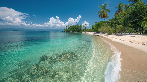 Playa arenosa con palmeras y montañas