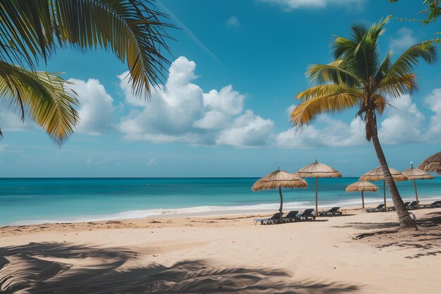 Playa arenosa con palmeras y paraguas