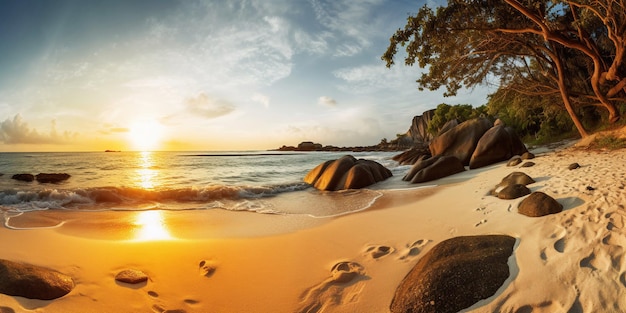 Una playa con un atardecer y un atardecer de fondo