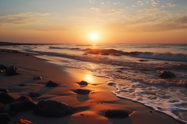 Una playa con un atardecer de fondo