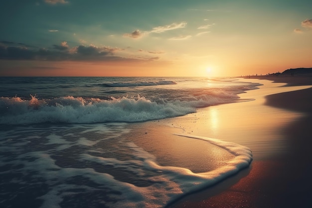 Una playa con un atardecer de fondo