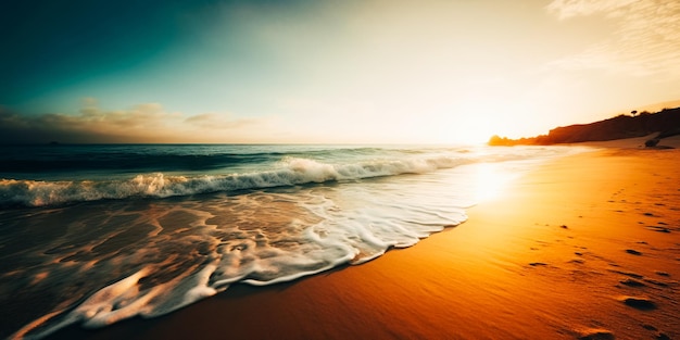 Foto una playa con un atardecer de fondo