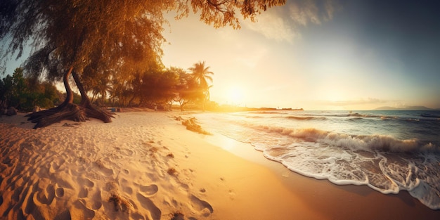 Una playa con un atardecer de fondo