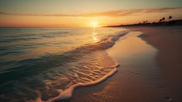 Una playa con un atardecer de fondo