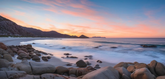 Una playa con un atardecer de fondo