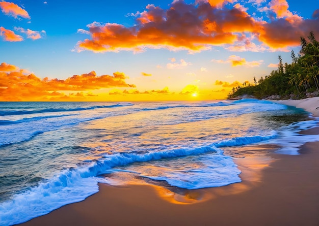 Una playa con un atardecer de fondo