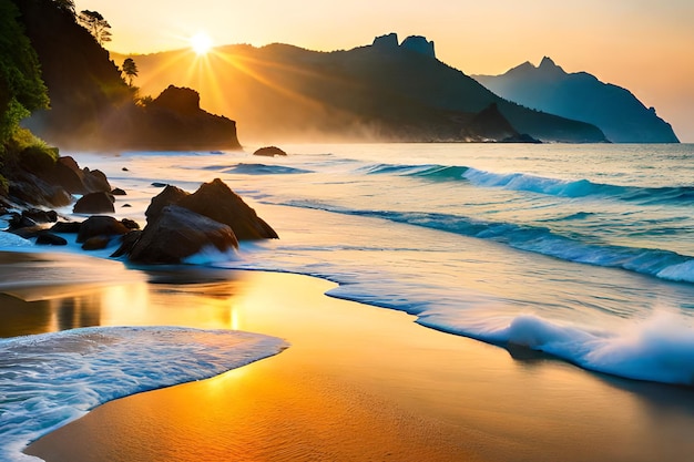 Una playa con un atardecer de fondo