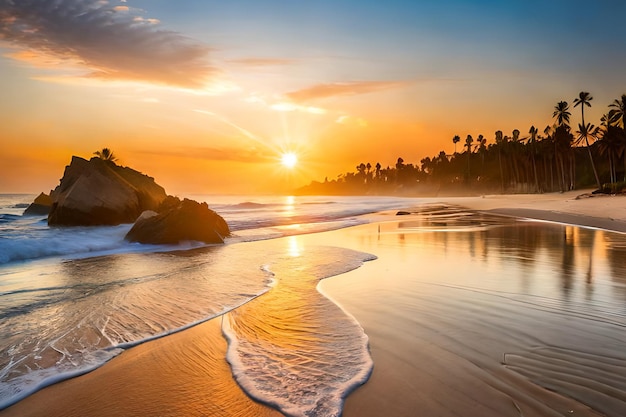 Una playa con un atardecer de fondo