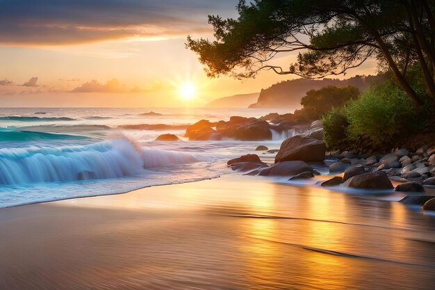 Una playa con un atardecer de fondo