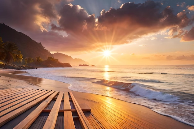 Foto una playa con un atardecer de fondo