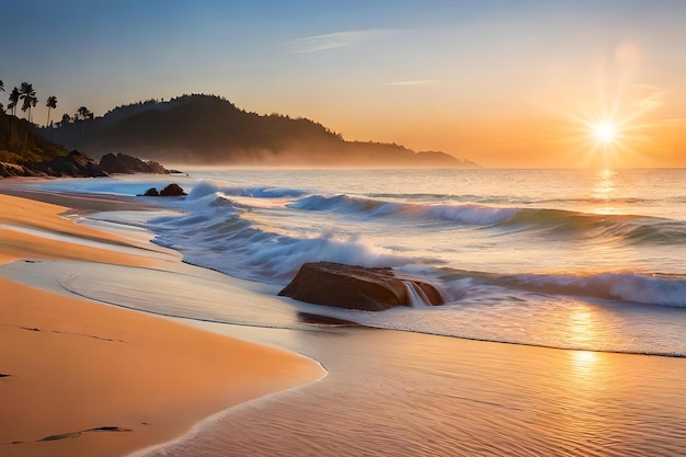 Una playa con un atardecer de fondo