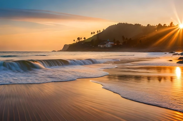 Una playa con un atardecer de fondo