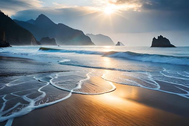 Una playa con un atardecer de fondo