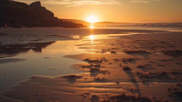 Una playa con un atardecer de fondo