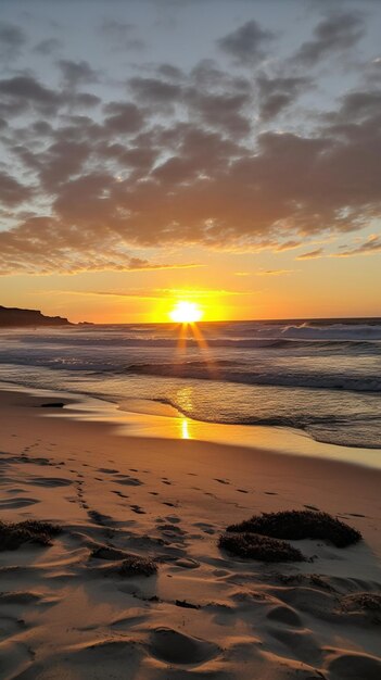 Una playa con un atardecer de fondo