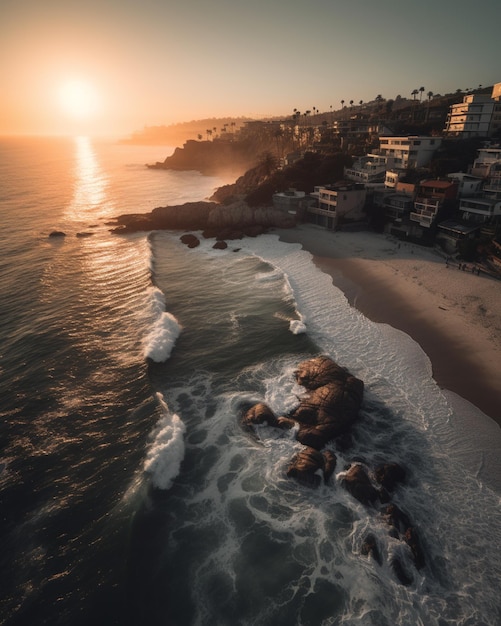 Una playa con un atardecer de fondo