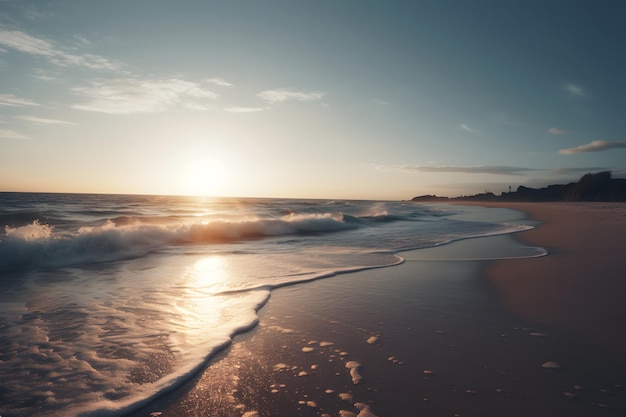 Una playa con un atardecer de fondo