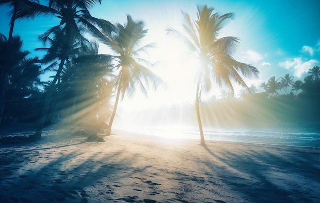 Una playa azul sombreada, palmeras y sol.