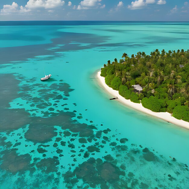 una playa con un barco en el agua y palmeras en el lado