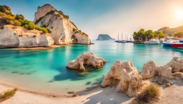 Una playa con un barco en el agua y una playa con un velero en el fondo