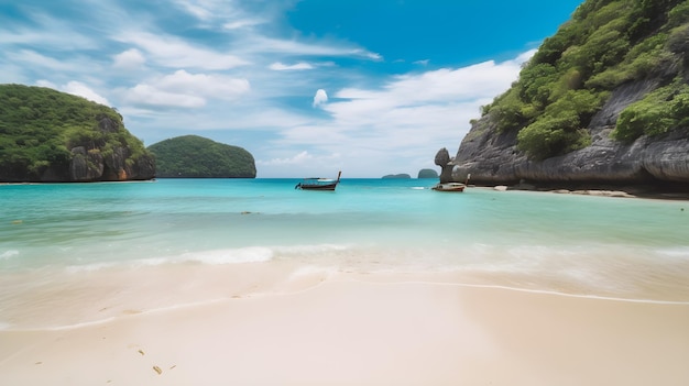 Una playa con un barco en el agua.