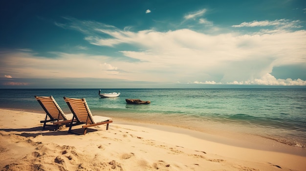 Una playa con un barco al fondo.