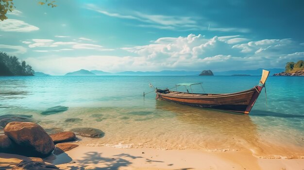 Una playa con un barco y un cielo nublado