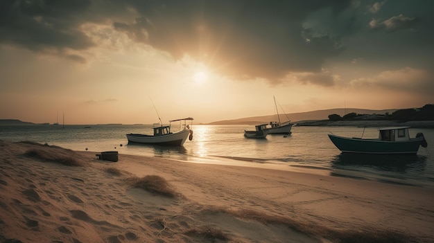 Una playa con barcos y la puesta de sol.