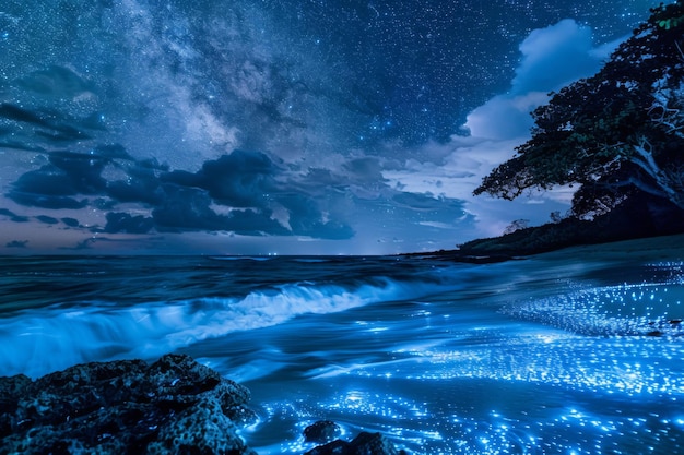 Foto playa bioluminescente bajo el cielo estrellado de la noche