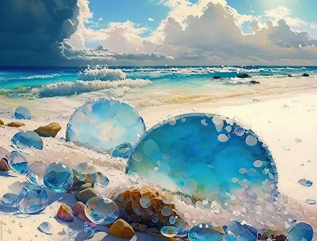 Una playa con bolas de cristal y piedras.