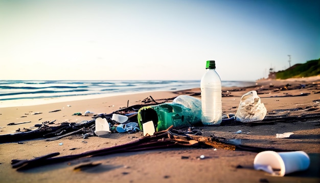 Una playa con una botella de agua y una bolsa de plástico encima.