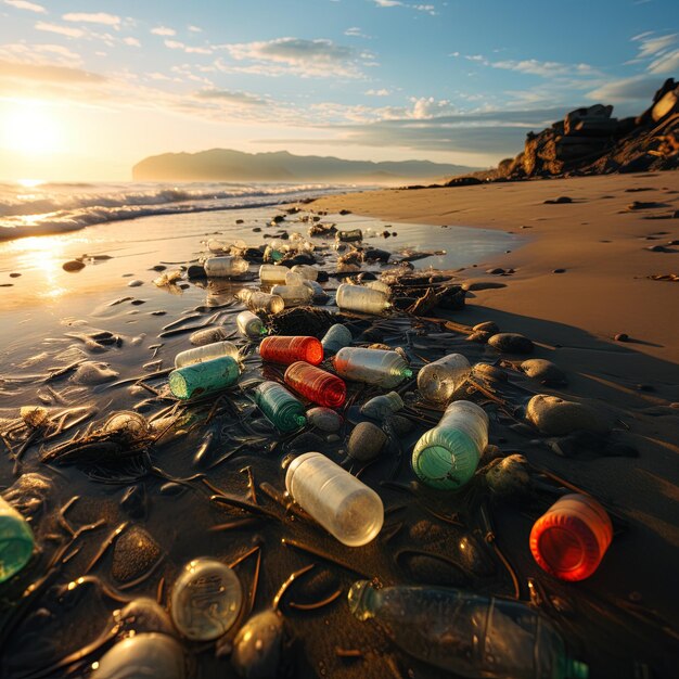 una playa con botellas y algas y una puesta de sol en el fondo