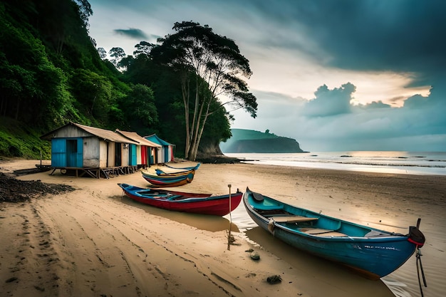 Una playa con botes y una casa al fondo.