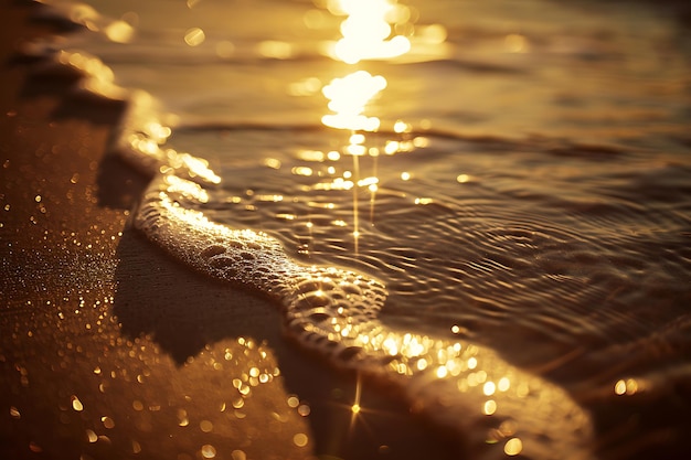 Foto la playa brilla con una cálida luz ámbar mientras las olas golpean suavemente la arena