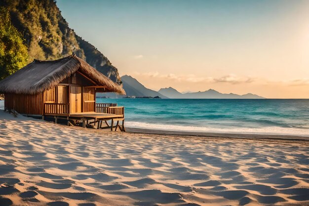 una playa con una cabaña en ella y montañas en el fondo