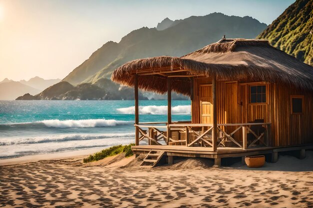 Una playa con una cabaña y montañas al fondo.