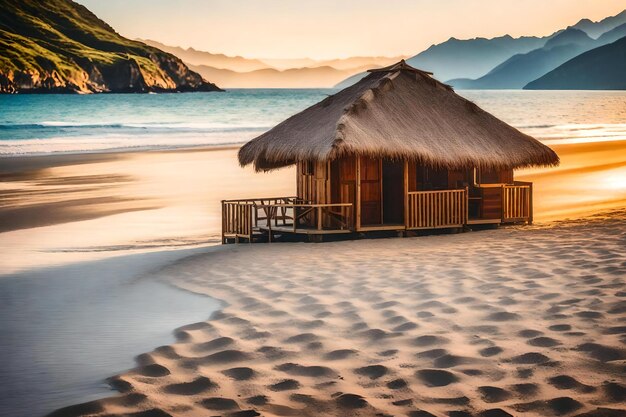 Una playa con una cabaña y montañas al fondo.