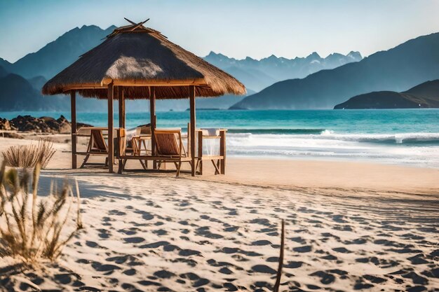 Una playa con una cabaña y montañas al fondo.