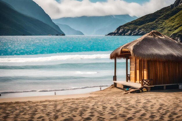 Una playa con una cabaña y montañas al fondo.