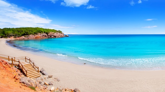 Playa Cala Nova en la isla de Ibiza con aguas turquesas.